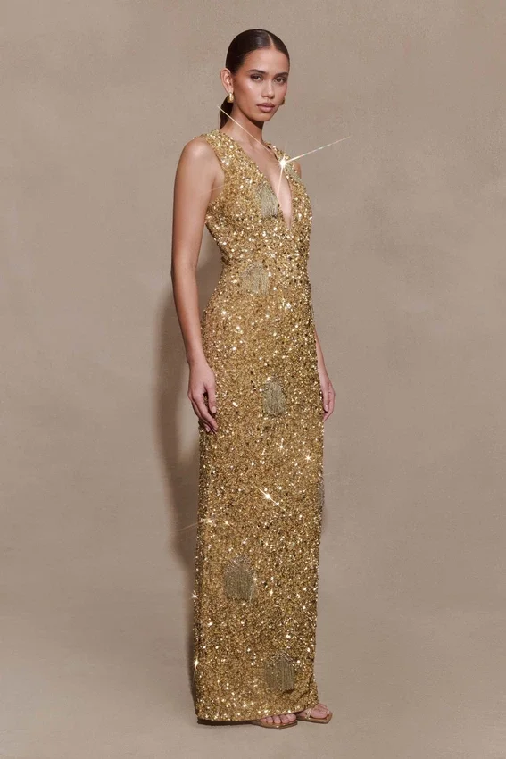 Astor Hand Embellished Maxi Dress – Gold Astor Hand Embellished Maxi Dress – Gold