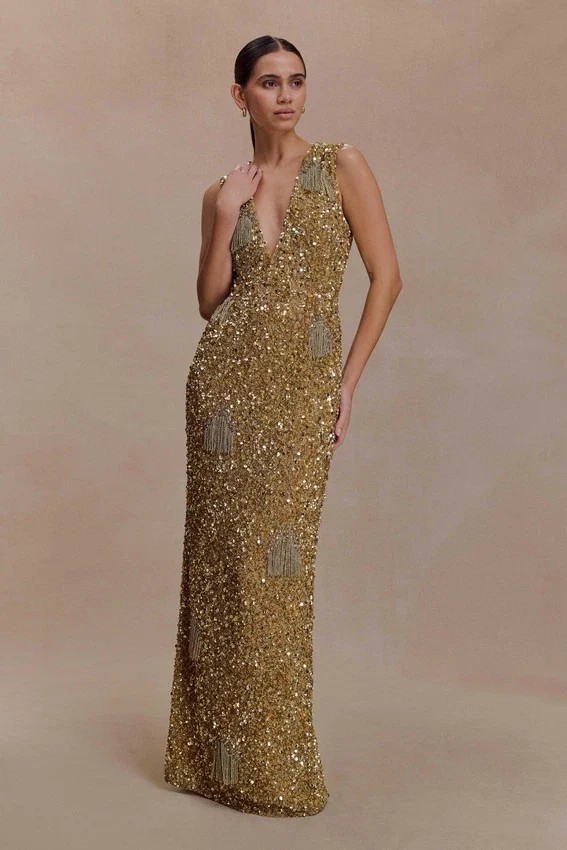 Astor Hand Embellished Maxi Dress – Gold Astor Hand Embellished Maxi Dress – Gold