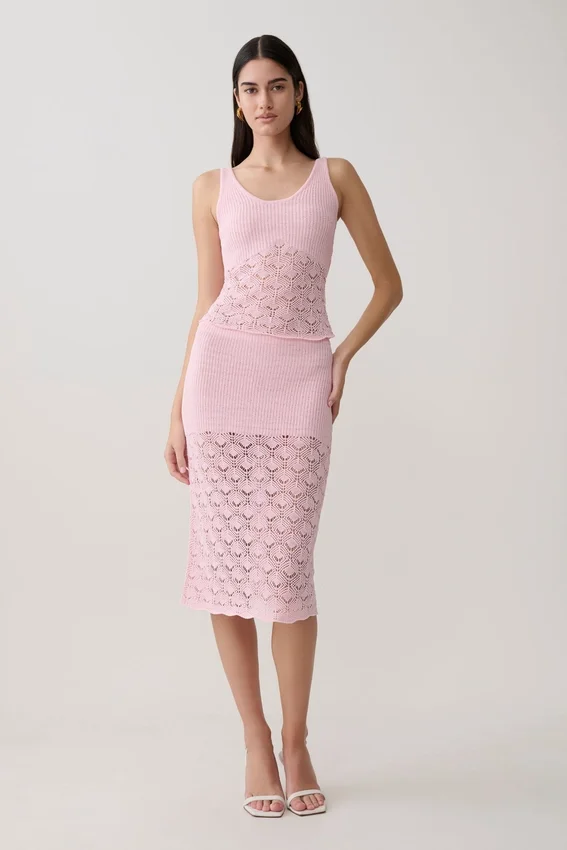 Atlantis Crochet Knit Midi Skirt – Baby Pink Atlantis Crochet Knit Midi Skirt – Baby Pink
