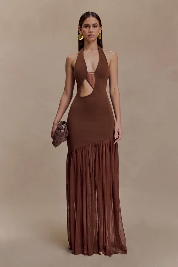 Aubree Crepe And Mesh Maxi Dress – Chocolate/Mocha Aubree Crepe And Mesh Maxi Dress – Chocolate/Mocha