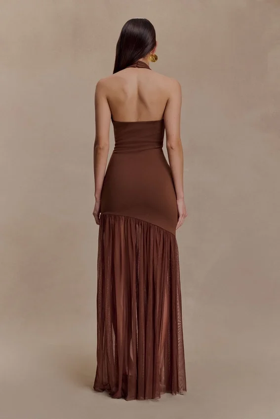 Aubree Crepe And Mesh Maxi Dress – Chocolate/Mocha Aubree Crepe And Mesh Maxi Dress – Chocolate/Mocha
