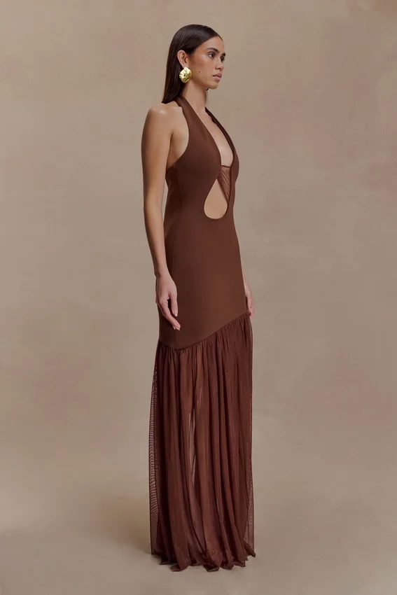 Aubree Crepe And Mesh Maxi Dress – Chocolate/Mocha Aubree Crepe And Mesh Maxi Dress – Chocolate/Mocha