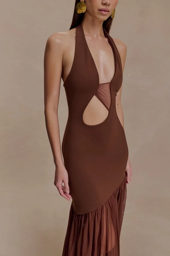 Aubree Crepe And Mesh Maxi Dress – Chocolate/Mocha Aubree Crepe And Mesh Maxi Dress – Chocolate/Mocha