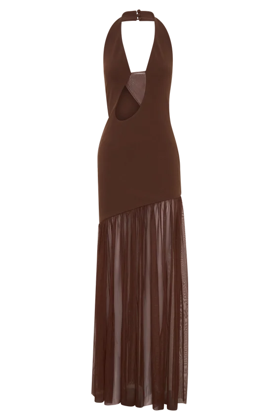 Aubree Crepe And Mesh Maxi Dress – Chocolate/Mocha Aubree Crepe And Mesh Maxi Dress – Chocolate/Mocha