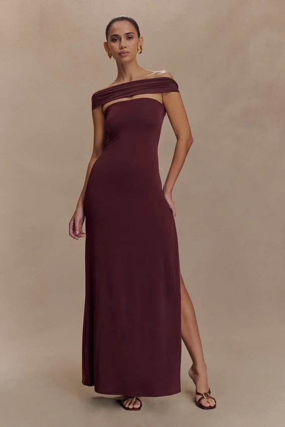 Aurora Slinky And Mesh Split Maxi Dress – Mahogany Aurora Slinky And Mesh Split Maxi Dress – Mahogany