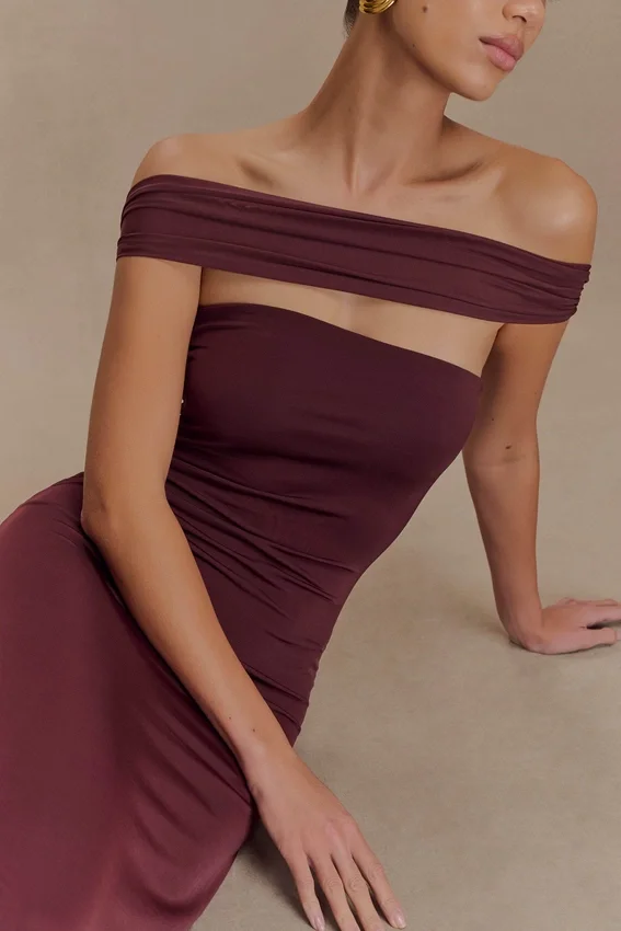 Aurora Slinky And Mesh Split Maxi Dress – Mahogany Aurora Slinky And Mesh Split Maxi Dress – Mahogany