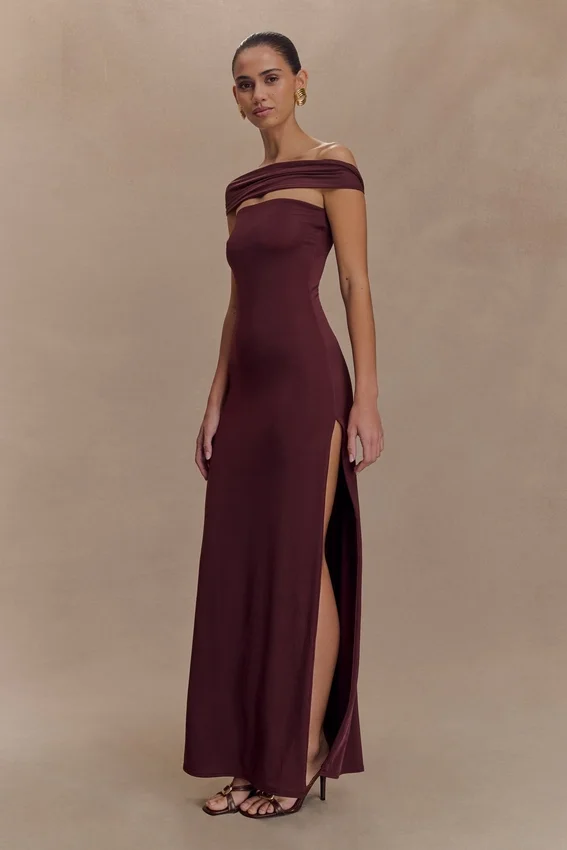 Aurora Slinky And Mesh Split Maxi Dress – Mahogany Aurora Slinky And Mesh Split Maxi Dress – Mahogany