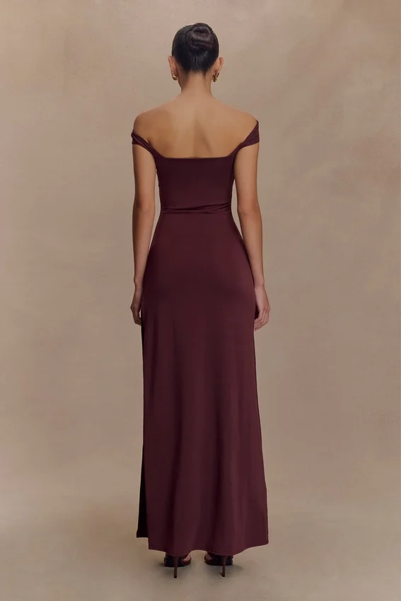Aurora Slinky And Mesh Split Maxi Dress – Mahogany Aurora Slinky And Mesh Split Maxi Dress – Mahogany