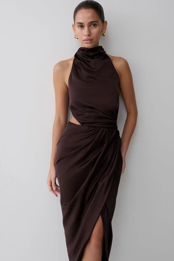 Aveline Draped Halter Midi Dress – Dark Chocolate Aveline Draped Halter Midi Dress – Dark Chocolate