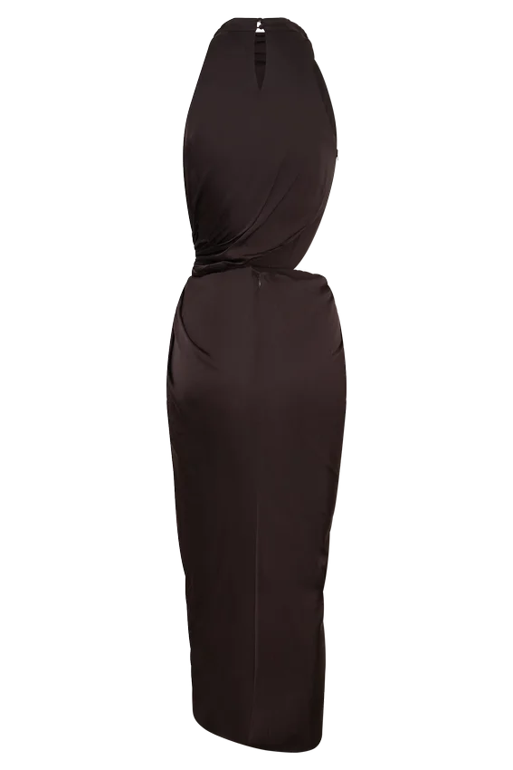 Aveline Draped Halter Midi Dress – Dark Chocolate Aveline Draped Halter Midi Dress – Dark Chocolate
