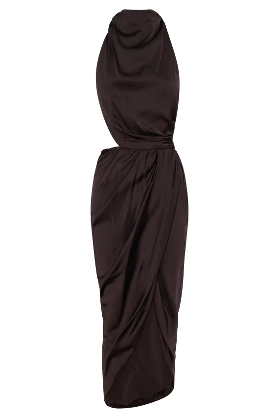 Aveline Draped Halter Midi Dress – Dark Chocolate Aveline Draped Halter Midi Dress – Dark Chocolate