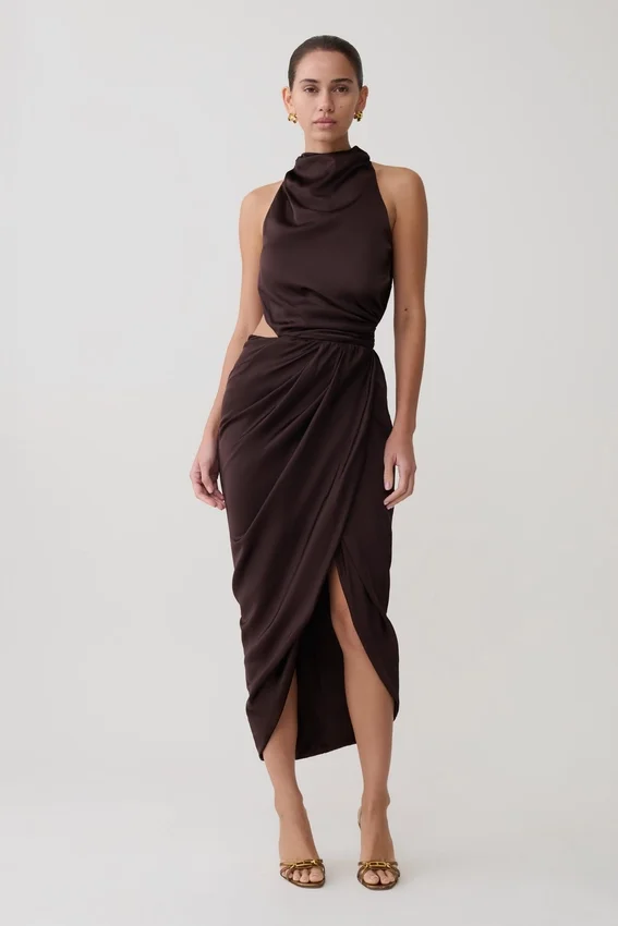 Aveline Draped Halter Midi Dress – Dark Chocolate Aveline Draped Halter Midi Dress – Dark Chocolate