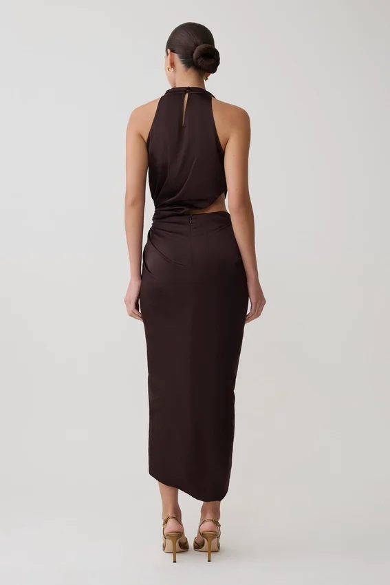 Aveline Draped Halter Midi Dress – Dark Chocolate Aveline Draped Halter Midi Dress – Dark Chocolate