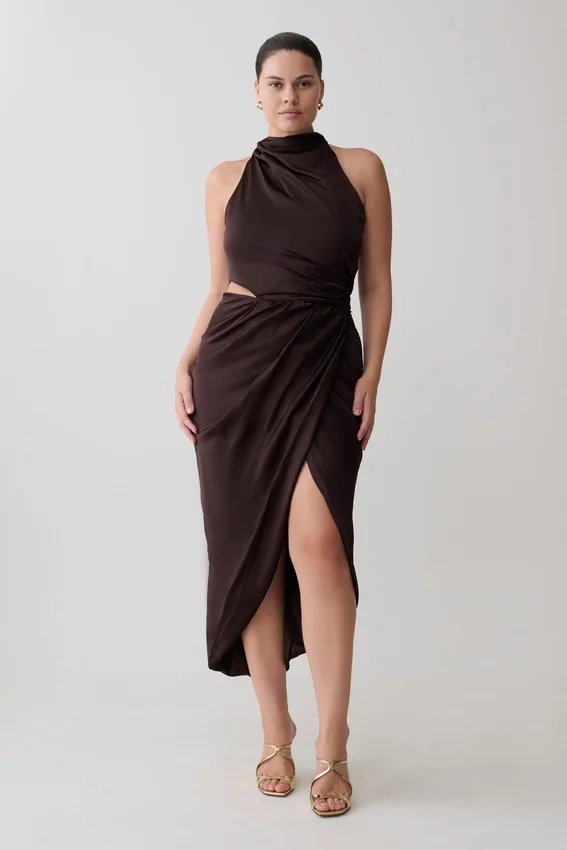 Aveline Draped Halter Midi Dress – Dark Chocolate Aveline Draped Halter Midi Dress – Dark Chocolate