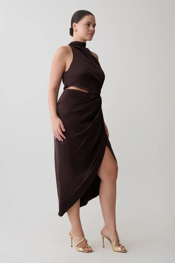 Aveline Draped Halter Midi Dress – Dark Chocolate Aveline Draped Halter Midi Dress – Dark Chocolate