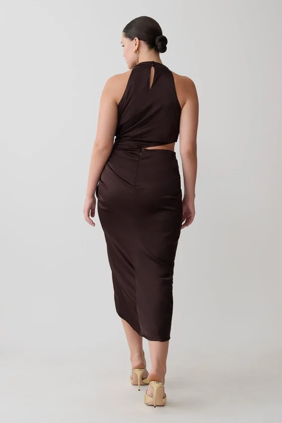 Aveline Draped Halter Midi Dress – Dark Chocolate Aveline Draped Halter Midi Dress – Dark Chocolate
