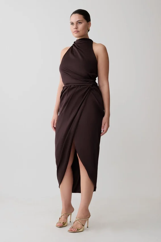 Aveline Draped Halter Midi Dress – Dark Chocolate Aveline Draped Halter Midi Dress – Dark Chocolate
