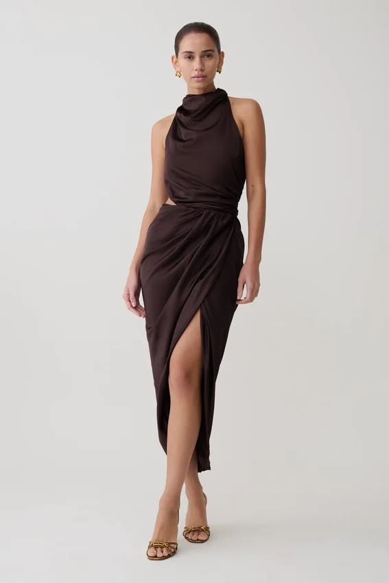 Aveline Draped Halter Midi Dress – Dark Chocolate Aveline Draped Halter Midi Dress – Dark Chocolate