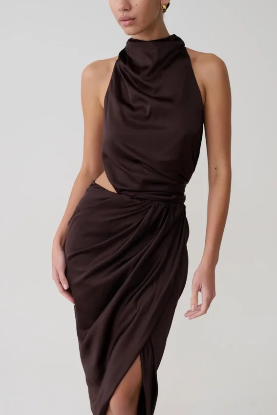 Aveline Draped Halter Midi Dress – Dark Chocolate Aveline Draped Halter Midi Dress – Dark Chocolate
