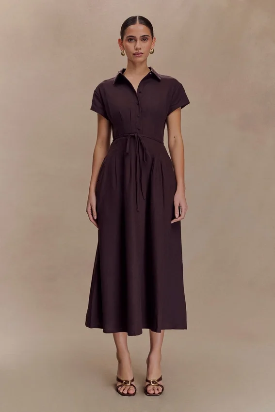Aysha Buttoned Linen Midi Dress – Chocolate Aysha Buttoned Linen Midi Dress – Chocolate