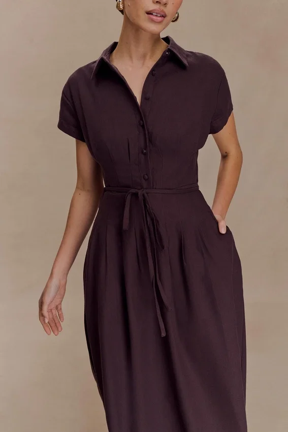 Aysha Buttoned Linen Midi Dress – Chocolate Aysha Buttoned Linen Midi Dress – Chocolate