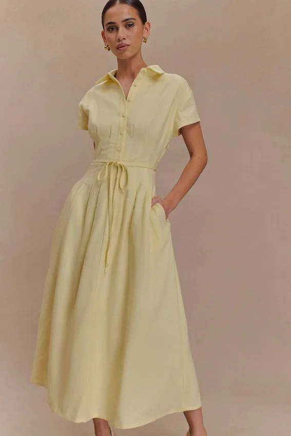 Aysha Buttoned Linen Midi Dress – Lemon Aysha Buttoned Linen Midi Dress – Lemon