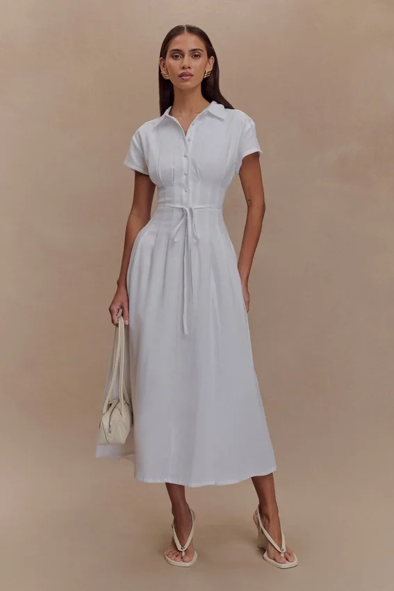 Aysha Buttoned Linen Midi Dress – White Aysha Buttoned Linen Midi Dress – White
