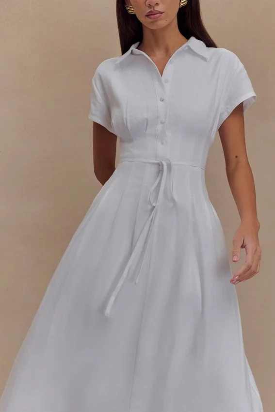 Aysha Buttoned Linen Midi Dress – White Aysha Buttoned Linen Midi Dress – White