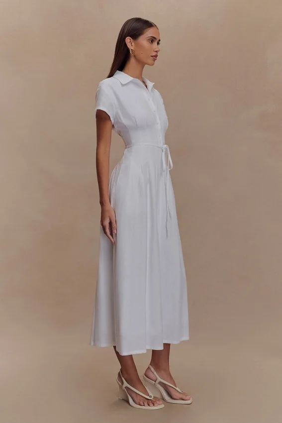 Aysha Buttoned Linen Midi Dress – White Aysha Buttoned Linen Midi Dress – White