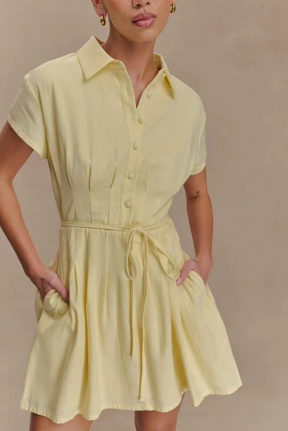Aysha Buttoned Linen Mini Dress – Lemon Aysha Buttoned Linen Mini Dress – Lemon
