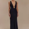 Beck Plunge Maxi Dress With Floral Hardware – Black