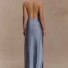 Bella Satin Halter Maxi Dress – Frosted Blue