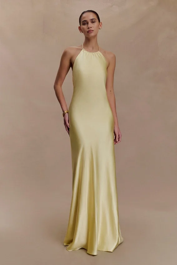 Bella Satin Halter Maxi Dress – Lemon Bella Satin Halter Maxi Dress – Lemon