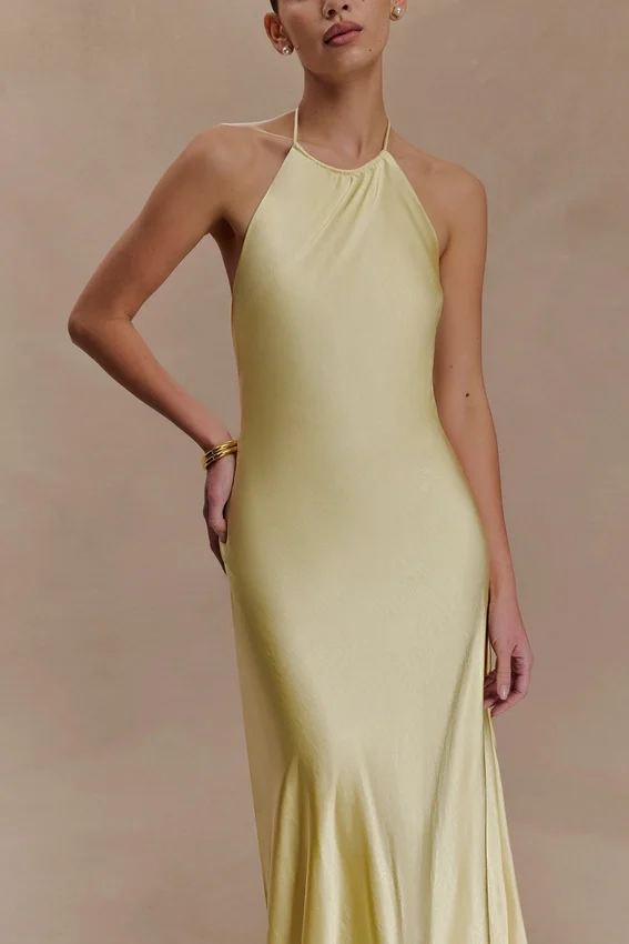 Bella Satin Halter Maxi Dress – Lemon Bella Satin Halter Maxi Dress – Lemon