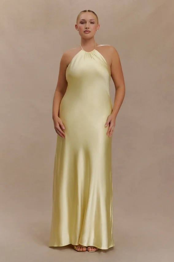 Bella Satin Halter Maxi Dress – Lemon Bella Satin Halter Maxi Dress – Lemon