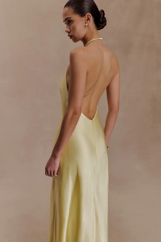 Bella Satin Halter Maxi Dress – Lemon Bella Satin Halter Maxi Dress – Lemon