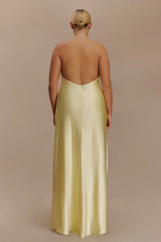 Bella Satin Halter Maxi Dress – Lemon Bella Satin Halter Maxi Dress – Lemon