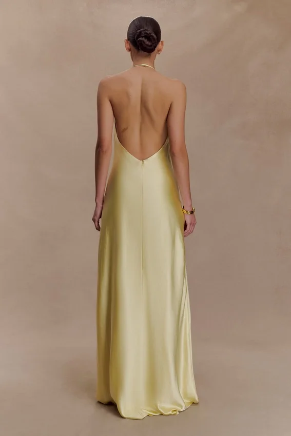 Bella Satin Halter Maxi Dress – Lemon Bella Satin Halter Maxi Dress – Lemon