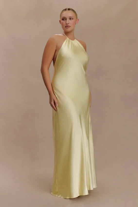 Bella Satin Halter Maxi Dress – Lemon Bella Satin Halter Maxi Dress – Lemon