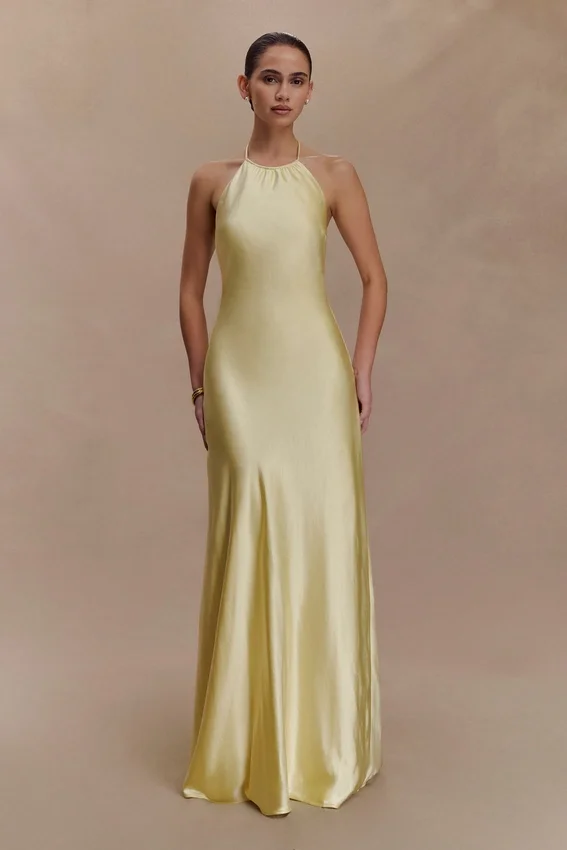 Bella Satin Halter Maxi Dress – Lemon Bella Satin Halter Maxi Dress – Lemon