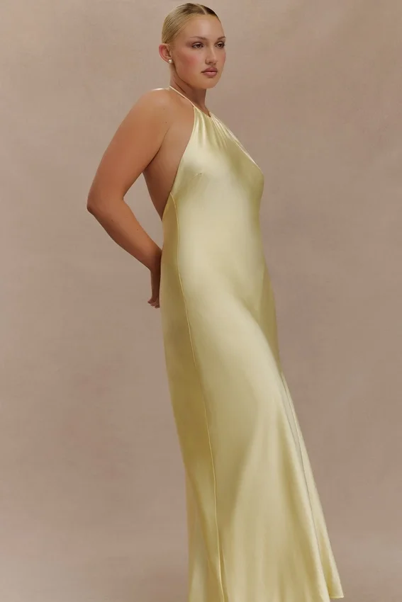 Bella Satin Halter Maxi Dress – Lemon Bella Satin Halter Maxi Dress – Lemon