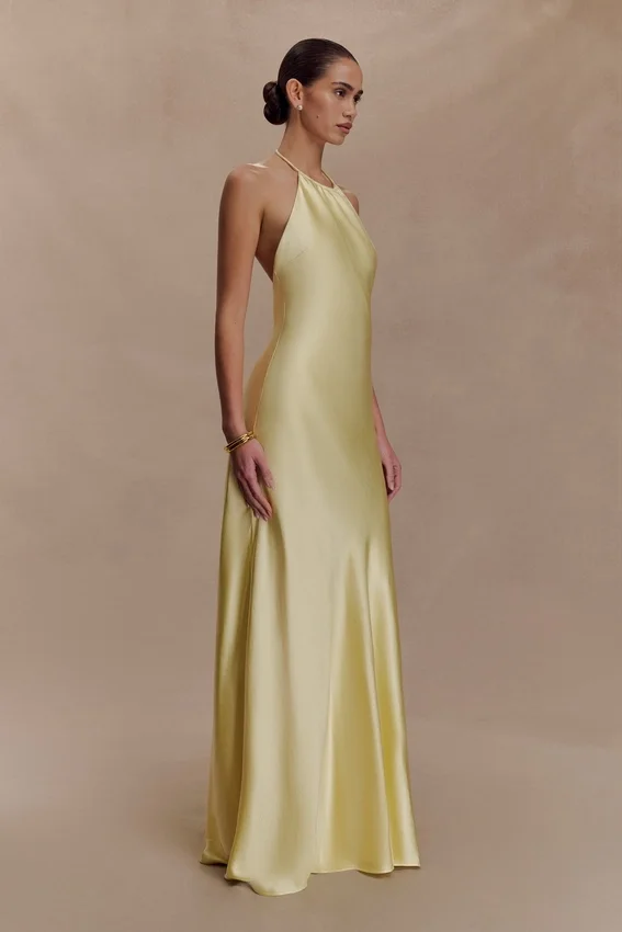 Bella Satin Halter Maxi Dress – Lemon Bella Satin Halter Maxi Dress – Lemon