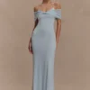 Bernadina Mesh And Slinky Halter Maxi Dress – Pale Blue