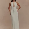 Beryl Slinky Maxi Dress With Pearls – Ivory