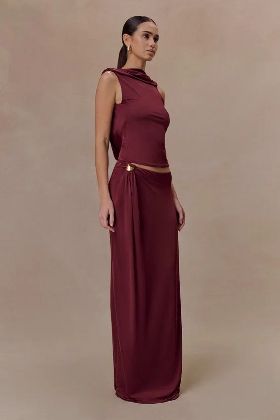 Bridget Slinky Maxi Skirt With Hardware – Burgundy Bridget Slinky Maxi Skirt With Hardware – Burgundy