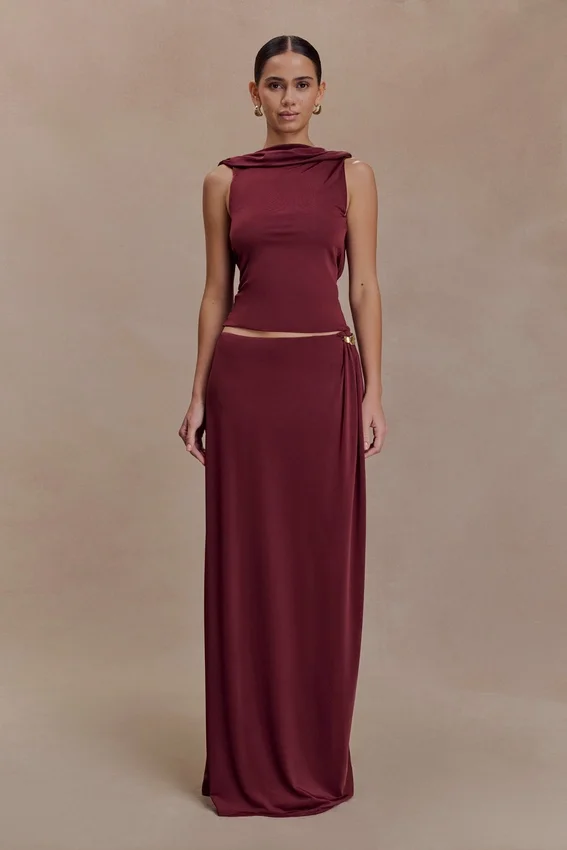 Bridget Slinky Maxi Skirt With Hardware – Burgundy Bridget Slinky Maxi Skirt With Hardware – Burgundy