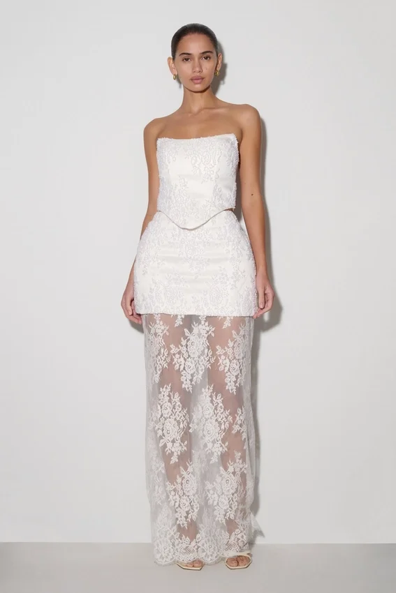 Camille Beaded Satin And Lace Maxi Skirt – Ivory Camille Beaded Satin And Lace Maxi Skirt – Ivory