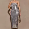 Cassia Strapless Sequin Rose Midi Dress – Silver