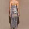 Cassia Strapless Sequin Rose Midi Dress – Silver