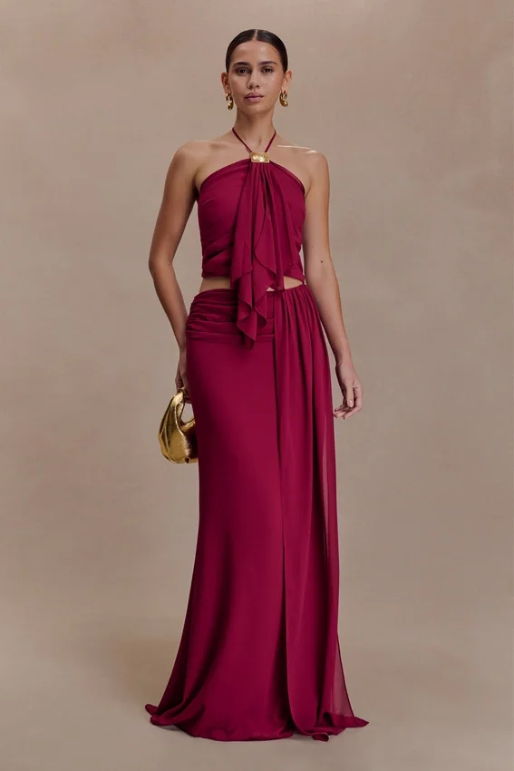 Celina Chiffon Overlay Maxi Skirt – Cherry Red Celina Chiffon Overlay Maxi Skirt – Cherry Red